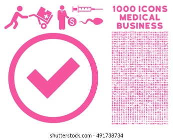 Pink Accept vector rounded icon. Image style is a flat icon symbol inside a circle, white background. Bonus clip art is 1000 healthcare business elements.