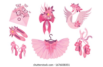 Pink Accessories for Ballet with Ballet Skirt and Ballet Shoes Vector Set