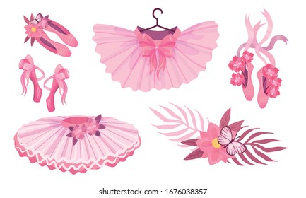 Pink Accessories for Ballet with Ballet Skirt and Ballet Shoes Vector Set