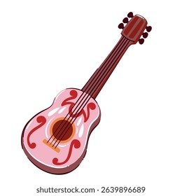 Pink acoustic guitar with red floral ornaments in cartoon doodle style. Western  musical element for country design, decor, or digital projects. Fun vector illustration.