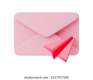Pink addressed envelope with red paper plane. Vector illustration of sending a heart postcard or love letter. Information transfer symbol. Realistic 3D envelopes isolated on a white background.