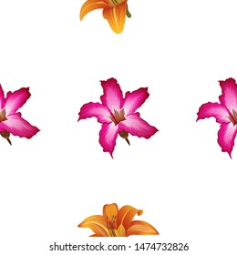 Pink Adenium. Orange Daylily. Vector illustration. Seamless background pattern. Floral botanical flower. Wild leaf wildflower isolated. Exotic tropical hawaiian jungle. Fabric wallpaper print texture.