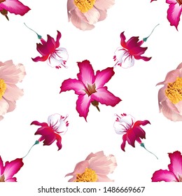 Pink Adenium. Pink Peony. Red Fuchsia. Vector illustration. Seamless background pattern. Floral botanical flower. Wild leaf wildflower isolated. Exotic tropical hawaiian jungle. Fabric wallpaper.