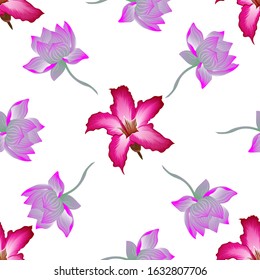 Pink Adenium. Purple Lotus. Vector illustration. Seamless background pattern. Floral botanical flower. Wild leaf wildflower isolated. Exotic tropical hawaiian jungle. Fabric wallpaper print texture.