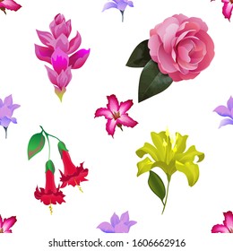 Pink Adenium. Purple Magnolia. Pink Ginger. Pink Balsam. Red Angel Trumpet. Yellow Lilium. Vector illustration. Seamless background pattern. Floral botanical flower. Wild leaf wildflower isolated.