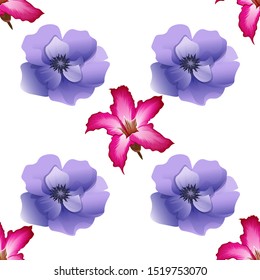 Pink Adenium. Violet Anemone. Vector illustration. Seamless background pattern. Floral botanical flower. Wild leaf wildflower isolated. Exotic tropical hawaiian jungle. Fabric wallpaper print texture.
