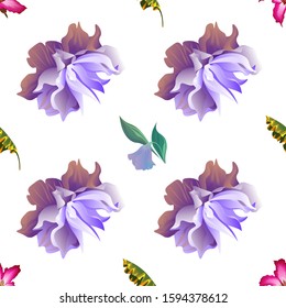 Pink Adenium. Yellow Banana Leaf. Purple Bllflower. Violet Clematis. Vector illustration. Seamless background pattern. Floral botanical flower. Wild leaf wildflower isolated. Exotic tropical.