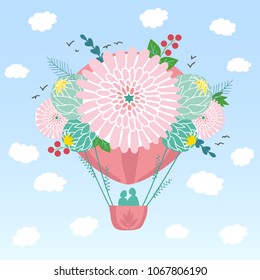 A pink aerostat balloon in the sky among the clouds and birds. The ball is decorated with flowers, leaves and berries. In the basket there are 2 people, a couple in love. Vector color illustration.