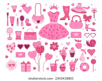 Pink aesthetic barbiecore collection. Isolated glamorous elements accessories, clothes, cosmetics, food, sweets, gift and balloons for girl princess. Vector illustration in decorative hand drawn style