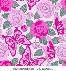 Pink aesthetic boho flower rose butterfly vector seamless pattern. Saint Valentines Day romantic love checkerboard background.