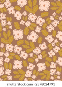 Pink aesthetic flowers patterns and leaves on brown background for business presentation, branding package, fabric print, wallpaper, social media post, doodle, notes, book covers, wall decor.