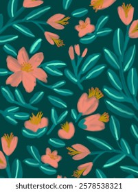 Pink aesthetic flowers patterns and leaves on green background for business presentation, branding package, fabric print, wallpaper, social media post, doodle, notes, book covers, wall decor.