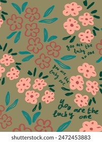 Pink aesthetic flowers patterns on green background with lettering “you are the lucky one” for branding package, fabric print, wallpaper, social media post, doodle, notes, book covers, wall decor.