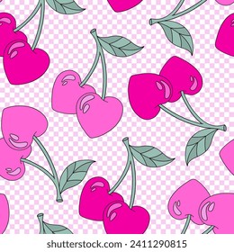 Pink aesthetic heart shape cherry love berry vector seamless pattern. Saint Valentines Day romantic love checkerboard background.