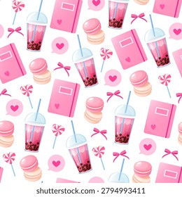 Pink Aesthetic Seamless Pattern with Bubble Tea, Notebook, Macarons and Heart Lollipops, Vector Cute Cartoon Repeat Background on White Background.