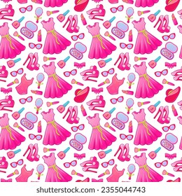 Pink aesthetic seamless pattern with pink dress, hat, shoes, cosmetics, sunglasses and more. Vector illustration.