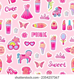 Pink aesthetic seamless pattern with horse toy, retro phone, butterfly, skate roller, crown, surfboard, pink dress and more. Vector illustration.