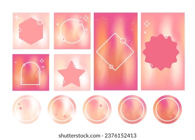 Pink aesthetic social media template set, feed post, stories template, highlights with geometric shapes - circle, star, polygonal, rhombus, arch. Cute y2k style blurred gradient background.