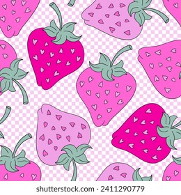 Pink aesthetic strawberry with heart shape seeds love berry vector seamless pattern. Saint Valentines Day romantic love checkerboard background.