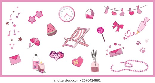 Pink aesthetic vector set of cute romantic icons – cozy lifestyle and feminine elements on pastel background