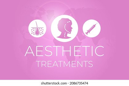 Pink Aesthetics Treatments Background Illustration For Women With Skin, Face And Injection Icons 