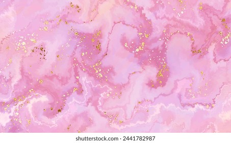 Pink agate stone painting background design with smooth waves and gold glitter.