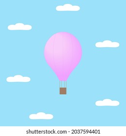 Pink air balloon with white clouds and blue sky. Beautiful cartoon vector illustration. For postcard, greeting card, book, poster, placard