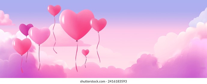 globos de aire rosa en forma de corazón volando en cielo feliz día de San Valentín cartel de compras de tarjetas de felicitación o celebración de vales de vacaciones