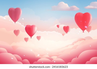 globos de aire rosa en forma de corazón volando en cielo feliz día de San Valentín cartel de compras de tarjetas de felicitación o celebración de vales de vacaciones