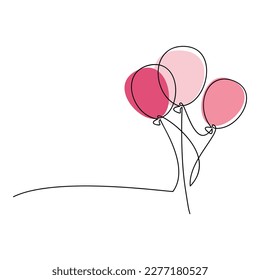 Globos de aire rosado vectores de una línea de ilustración continua. Icono de silueta lineal dibujado a mano. Tarjeta de saludo de diseño mínima, impresión gráfica, pancarta, afiche, invitación.