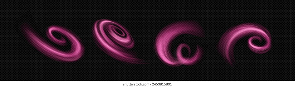 Pink air flow effect with swirl and wave trail on transparent background. Realistic vector illustration set of fresh fragrance wind blowing tail. Clean aromatic breeze outflow. Aroma spray whirlwind.