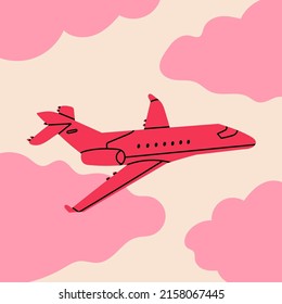 Pink airplane flying in the cloudy sky. Silhouette of passenger plane. Vacation, fast travel, transportation concept. Hand drawn Vector illustration. Card, icon, logo, poster template. Cartoon style