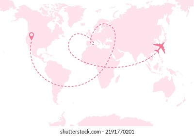 A pink airplane flying over a pink world map. Dashed route line in the form of a heart. Vector illustration