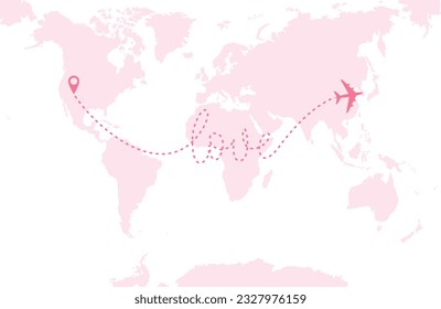 A pink airplane flying over a pink world map. Dashed route line in the form of word "love". Vector illustration