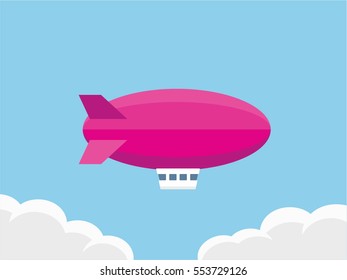 Pink airship flying on blue sky with clouds background, vector flat design style dirigible illustration