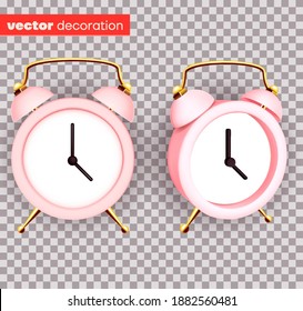 Pink alarm clock. Design template closeup in vector. Mock-up for branding and advertise isolated on transparent background.