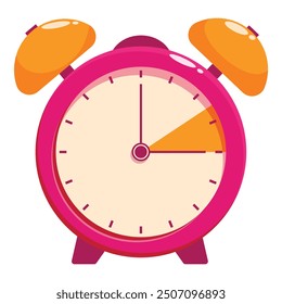 Reloj despertador rosa con campanas naranjas que muestran que la hora se acerca a las cinco en punto