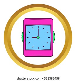 Pink alarm clock vector icon in golden circle, cartoon style isolated on white background