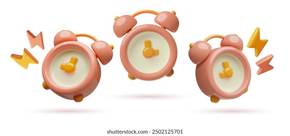 Relojes de alarma rosados y relámpagos 3d iconos vectoriales colección. Ilustraciones de negocio tridimensionales de concepto de alerta, fecha límite y tiempo. 