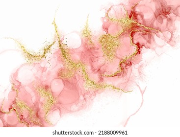 Pink alcohol ink background with gold glitter elements