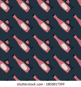 Pink alcohol onament seamless pattern. Dark navy blue background with bright wine bottle and glasses elements. Perfect for wallpaper, textile, wrapping paper, fabric print. Vector illustration.