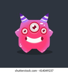 Pink Alien With Horns Cute Childish Flat Vector Bright Color Drawing Isolated On Dark Background