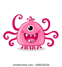 Pink alien with one eye is smiling on a white background. Multi-handled monster newcomer in a cartoon style on a children's theme. Vector illustration.