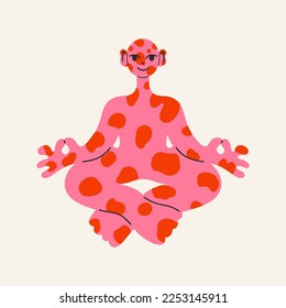 Pink alien with red spots, sits in a lotus position, meditation. Alien humanoid character. Flat design, cartoon hand drawn, vector illustration. Template for printing.