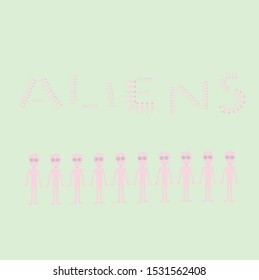 pink aliens stand next to each other on light green background with the letters aliens.