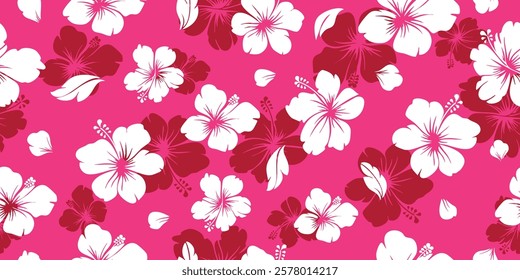 pink aloha hibiscus tropical flower hawaiian seamless pattern vector, floral summer for textile, fabric, and print design.