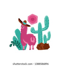 Pink alpaca childish hand drawn illustration. Llama and alpaca cards and design for nursery design, poster, birthday greeting card.Cute back view Lama in sombrero with big cactus, plants, stones, sun