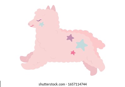 Pink alpaca flat cartoon style. Funny hand drawn character. Funny smiling animal. Cute llama with stars. Isolated on white vector illustration.