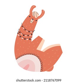 The pink alpaca lies on its back. Funny lama isolated on white background. Vector illustration