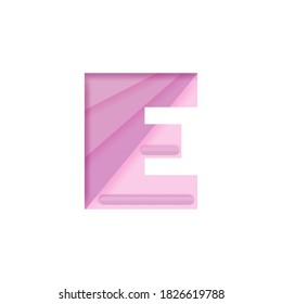 Pink alphabet E with paper cut shapes on white background.